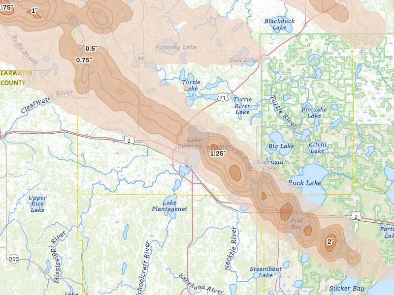 Radar-estimated hail-size map of the storm over Bemidji, MN on Jul 24, 2026