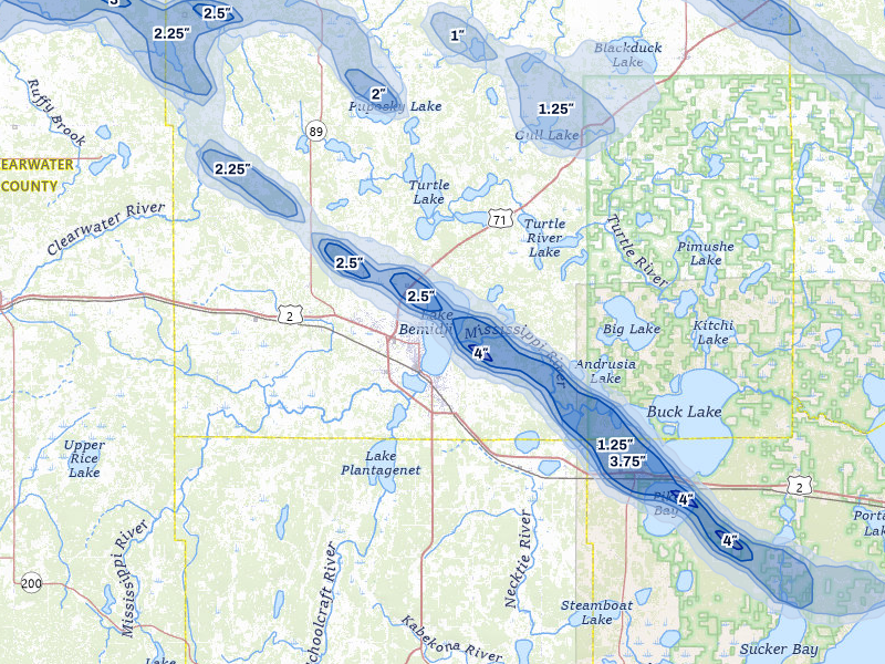 NEXRAD radar-signature map of the hail storm over Bemidji, MN on Jul 24, 2026