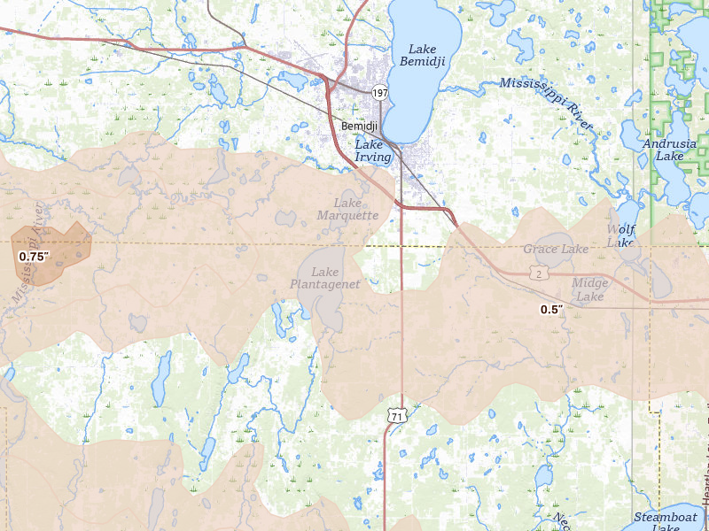 Radar-estimated hail-size map of the storm over Bemidji, MN on Aug 6, 2026