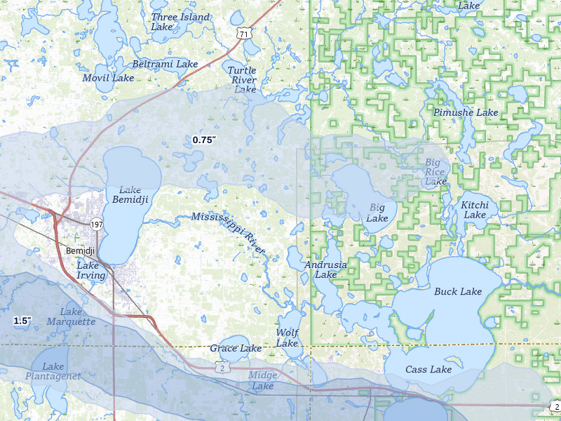 NEXRAD radar-signature map of the hail storm over Bemidji, MN on Aug 6, 2026