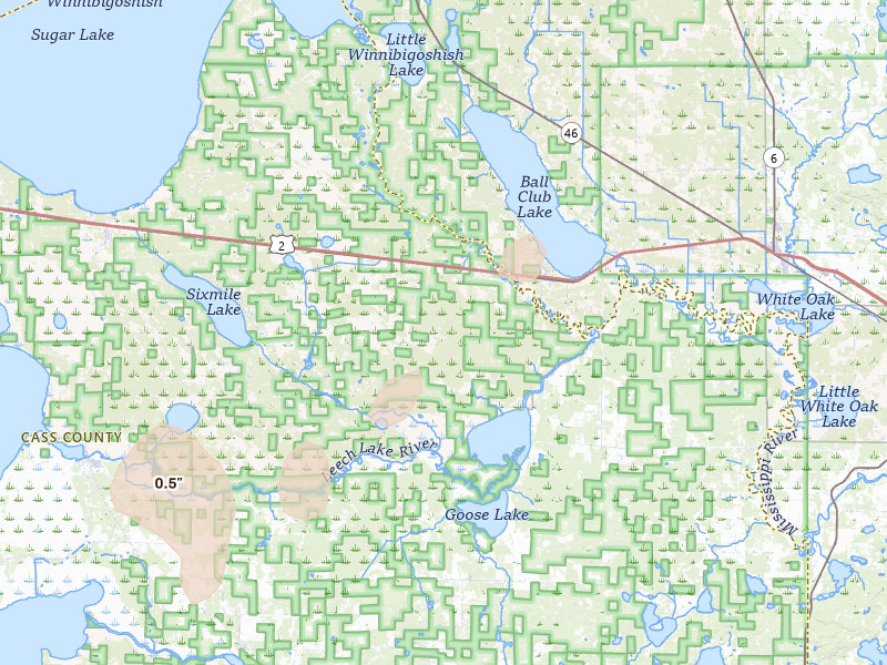 Radar-estimated hail-size map of the storm over Bena, MN on Aug 3, 2026
