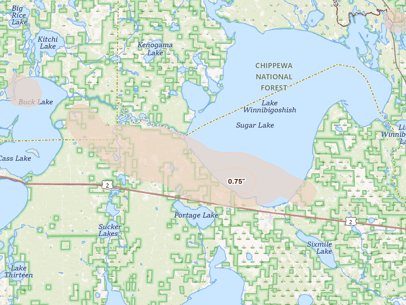 Radar-estimated hail-size map of the storm over Bena, MN on Aug 17, 2026