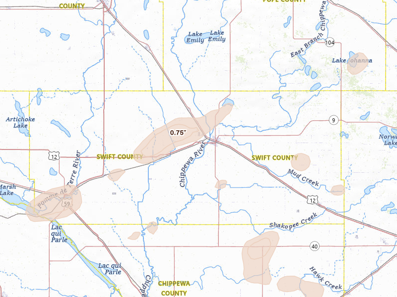 Radar-estimated hail-size map of the storm over Benson, MN on Jun 4, 2026
