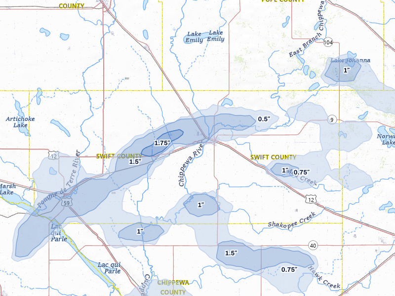 NEXRAD radar-signature map of the hail over Benson, MN