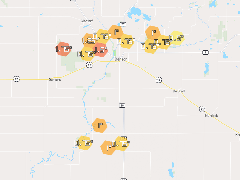 Hail map of Benson, MN on Jun 4, 2026, hail up to 1.75"