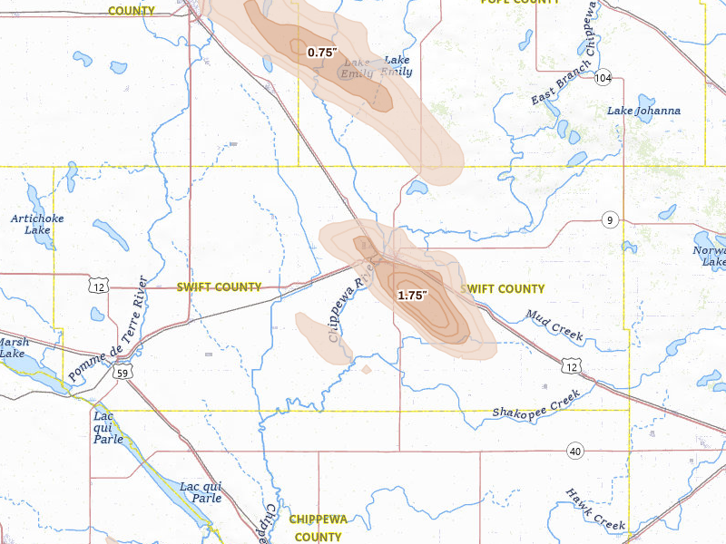 Radar-estimated hail-size map of the storm over Benson, MN on Jun 5, 2026
