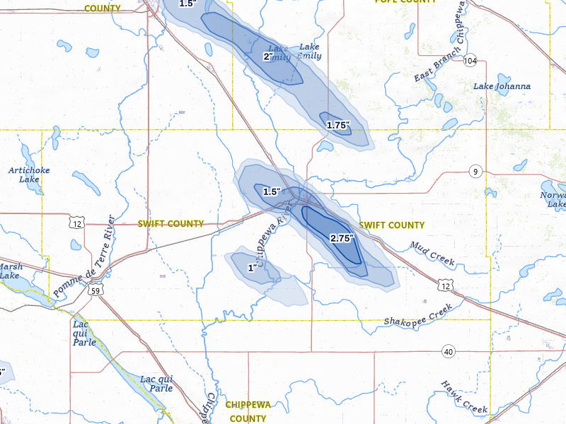 NEXRAD radar-signature map of the hail storm over Benson, MN on Jun 5, 2026
