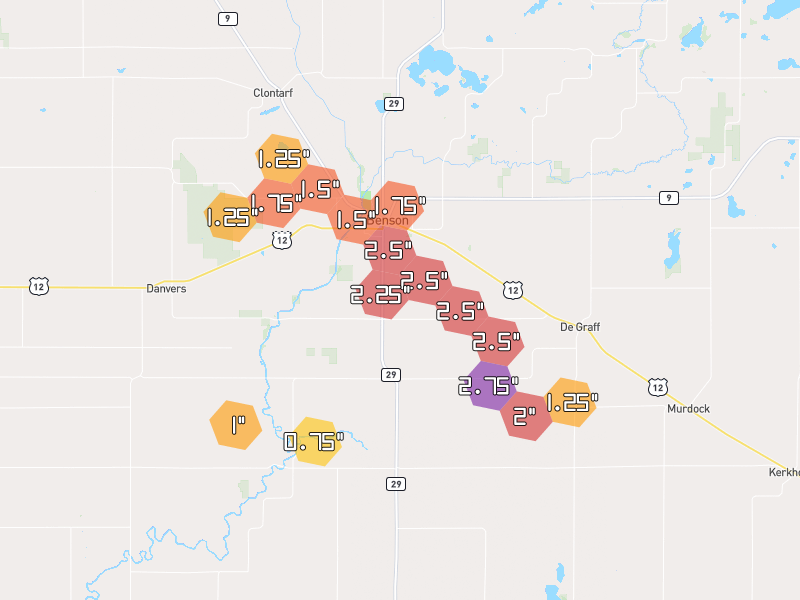 Hail map of Benson, MN on Jun 5, 2026, hail up to 2.75"