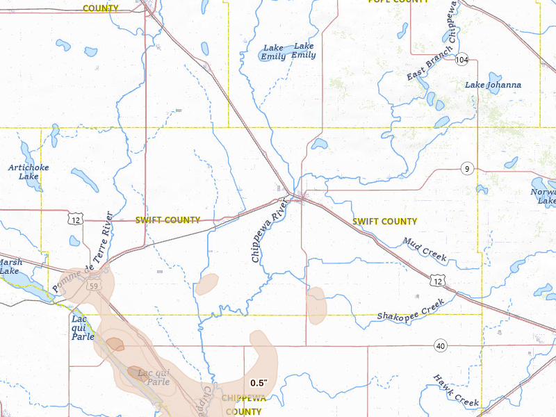 Radar-estimated hail-size map of the storm over Benson, MN on Jul 4, 2026