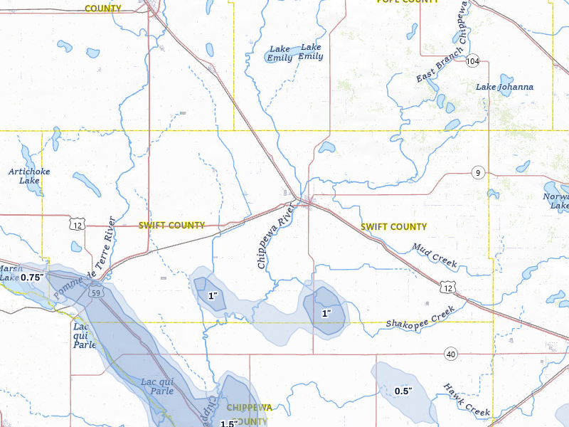 NEXRAD radar-signature map of the hail over Benson, MN