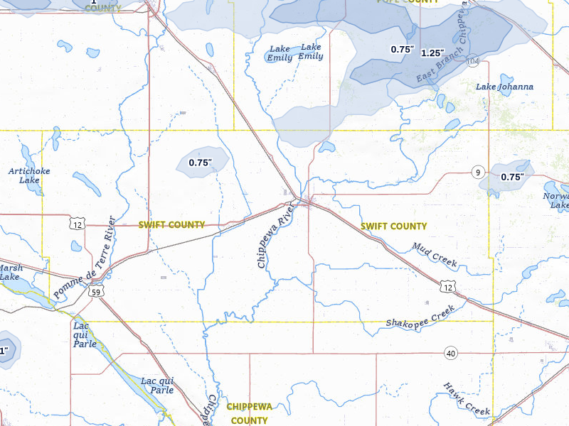 NEXRAD radar-signature map of the hail storm over Benson, MN on Jul 7, 2026