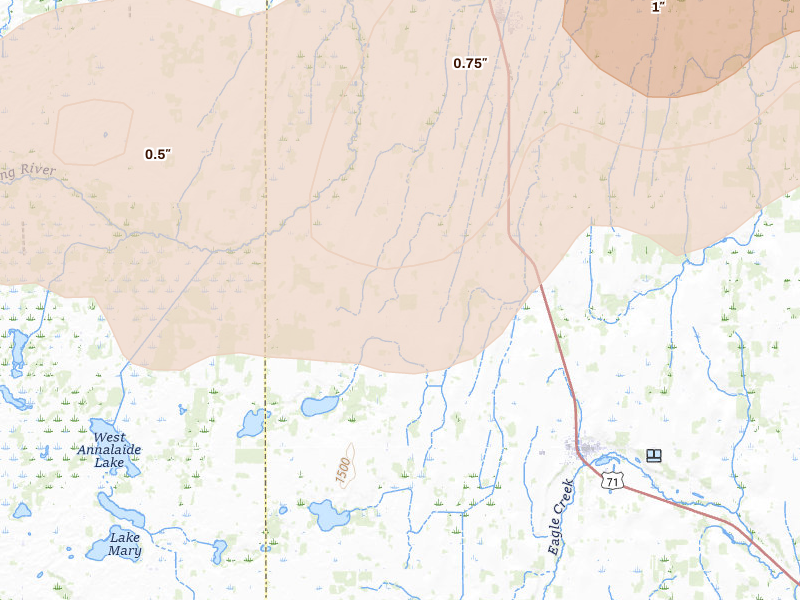 Radar-estimated hail-size map of the storm over Bertha, MN on Jun 29, 2026