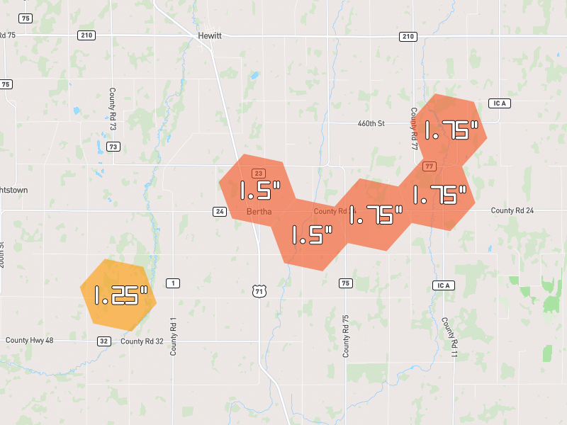 Hail map of Bertha, MN on Jun 29, 2026, hail up to 1.75"