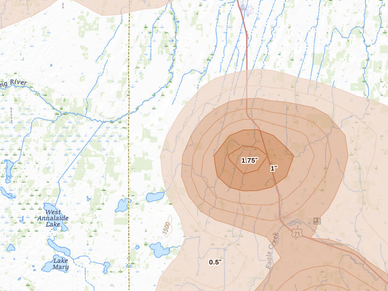 Radar-estimated hail-size map of the storm over Bertha, MN on Jul 4, 2026