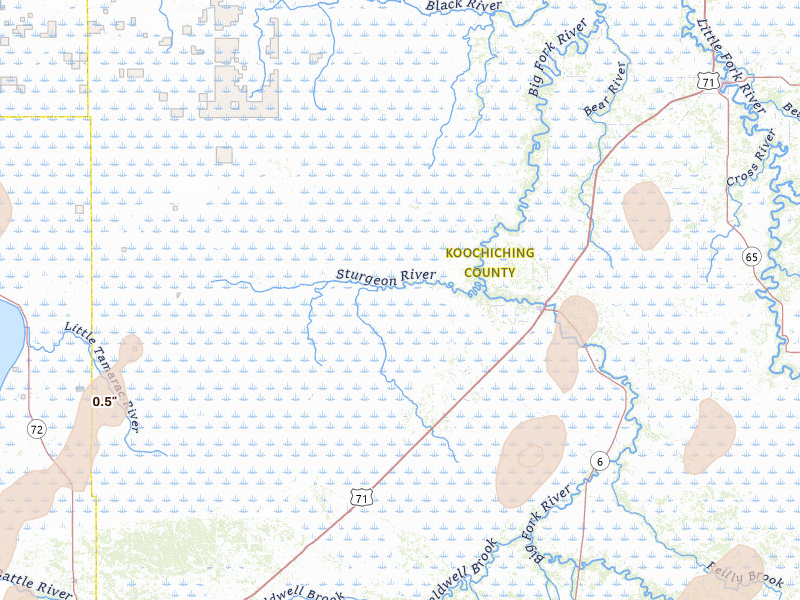 Radar-estimated hail-size map of the storm over Big Falls, MN on Jun 10, 2026