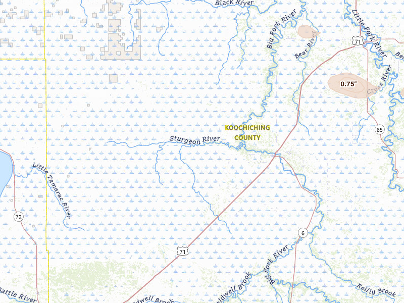 Radar-estimated hail-size map of the storm over Big Falls, MN on Jun 15, 2026