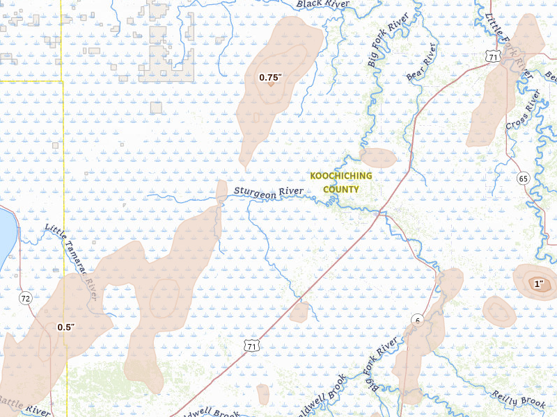 Radar-estimated hail-size map of the storm over Big Falls, MN on Jun 29, 2026