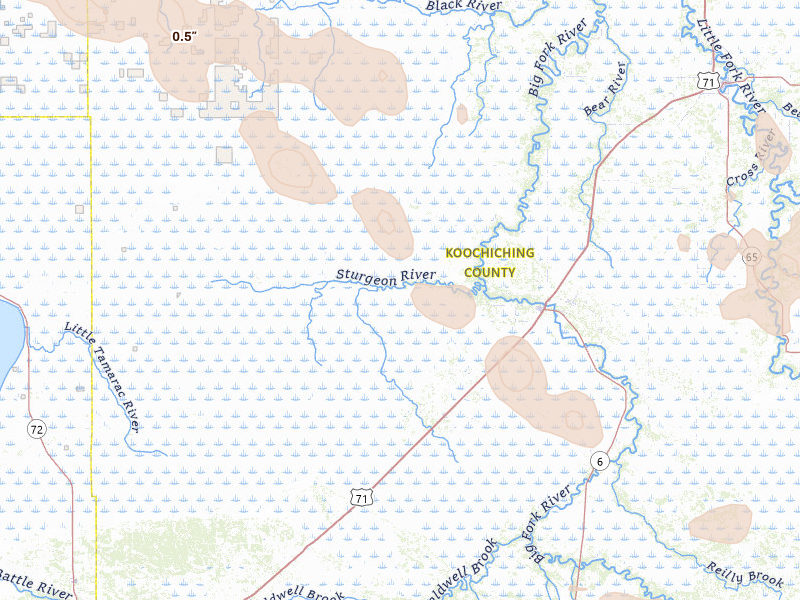 Radar-estimated hail-size map of the storm over Big Falls, MN on Jul 26, 2026