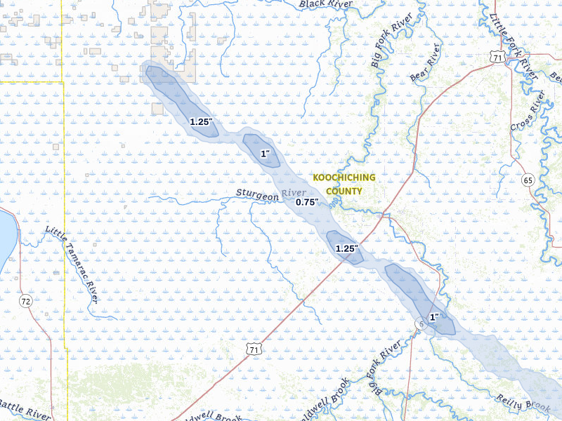 NEXRAD radar-signature map of the hail storm over Big Falls, MN on Jul 26, 2026