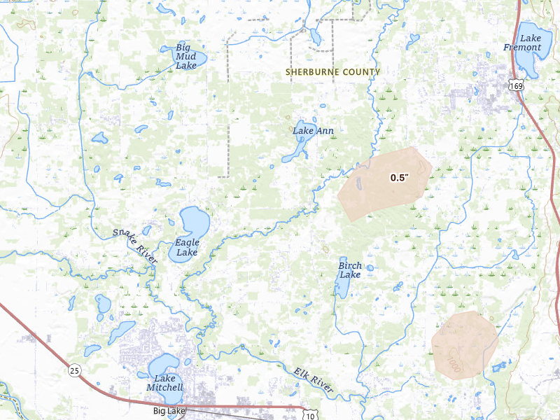 Radar-estimated hail-size map of the storm over Big Lake, MN on Jul 19, 2026