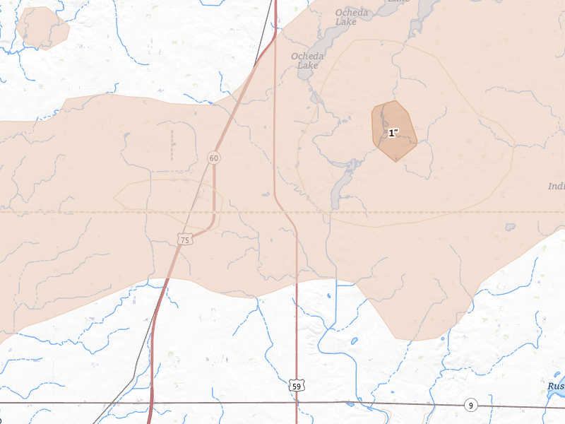 Radar-estimated hail-size map of the storm over Bigelow, MN on Jun 27, 2026