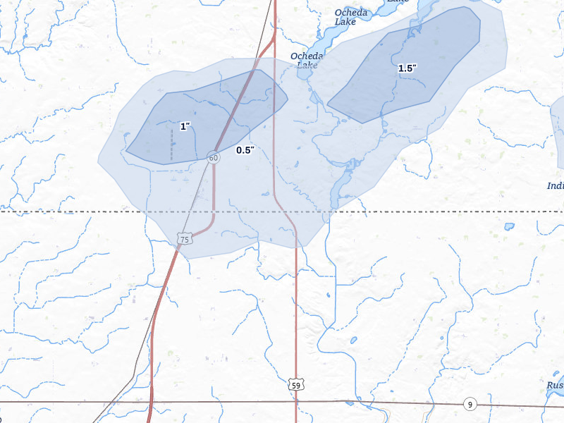 NEXRAD radar-signature map of the hail storm over Bigelow, MN on Jun 27, 2026