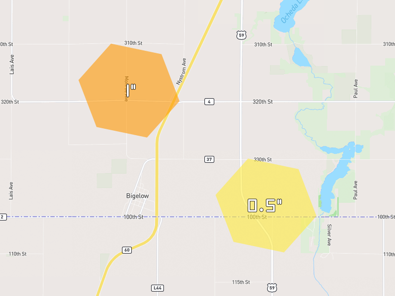 Hail map of Bigelow, MN on Jun 28, 2026, hail up to 1"