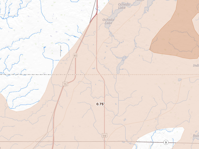Radar-estimated hail-size map of the storm over Bigelow, MN on Jun 29, 2026