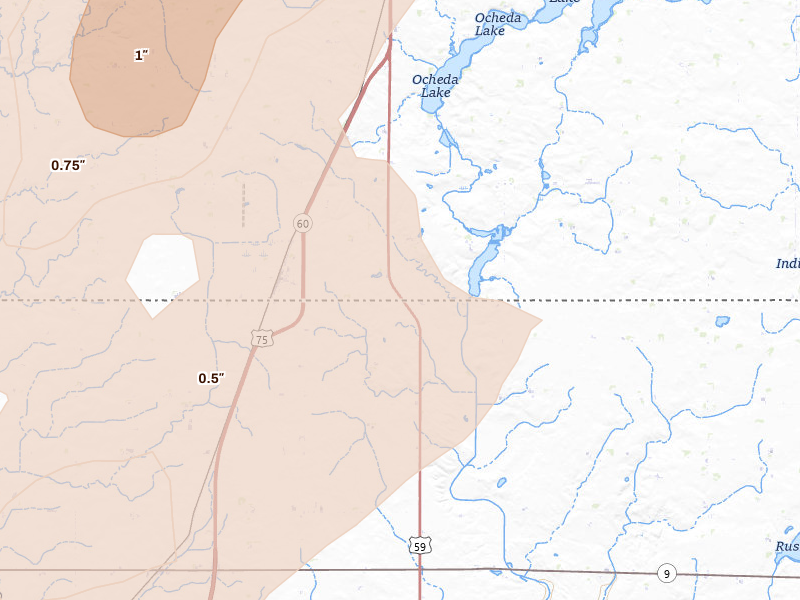 Radar-estimated hail-size map of the storm over Bigelow, MN on Jul 1, 2026