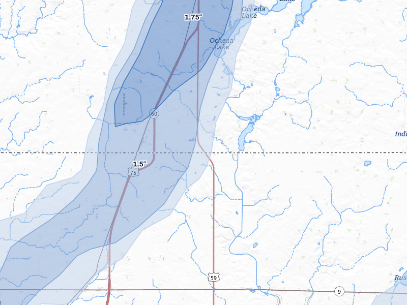 NEXRAD radar-signature map of the hail storm over Bigelow, MN on Jul 1, 2026