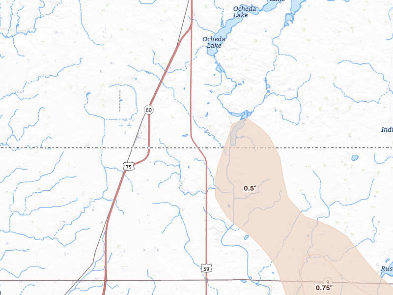 Radar-estimated hail-size map of the storm over Bigelow, MN on Jul 4, 2026