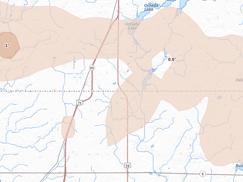 Radar-estimated hail-size map of the storm over Bigelow, MN on Aug 7, 2026