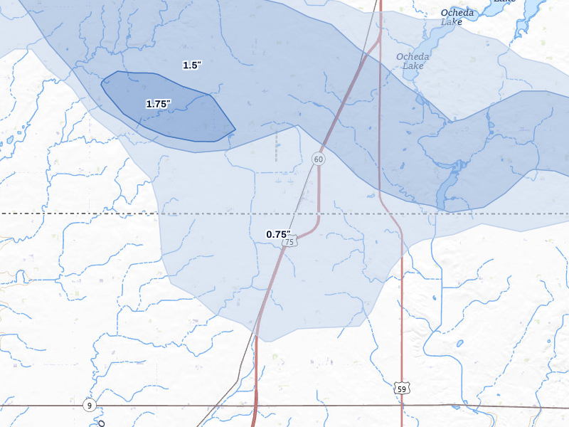 NEXRAD radar-signature map of the hail storm over Bigelow, MN on Aug 7, 2026