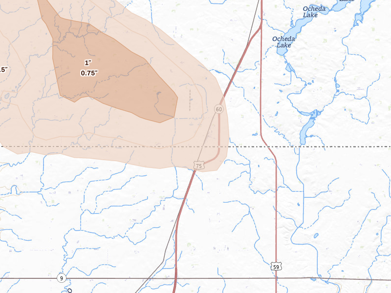 Radar-estimated hail-size map of the storm over Bigelow, MN on Aug 18, 2026
