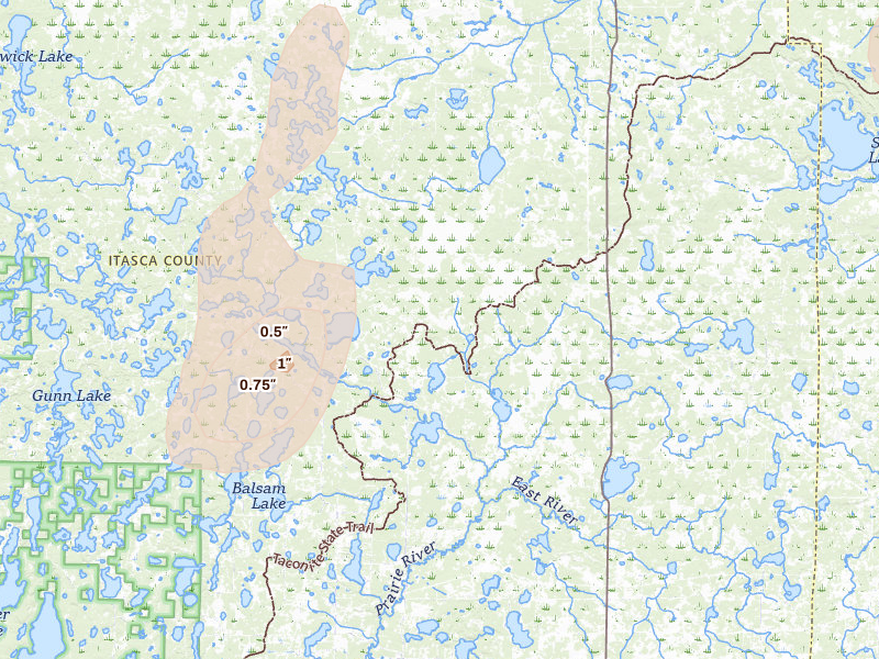 Radar-estimated hail-size map of the storm over Bigfork, MN on Jun 10, 2026