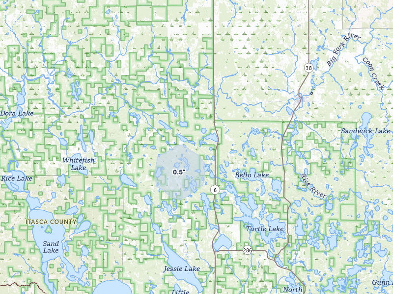 NEXRAD radar-signature map of the hail storm over Bigfork, MN on Jul 6, 2026