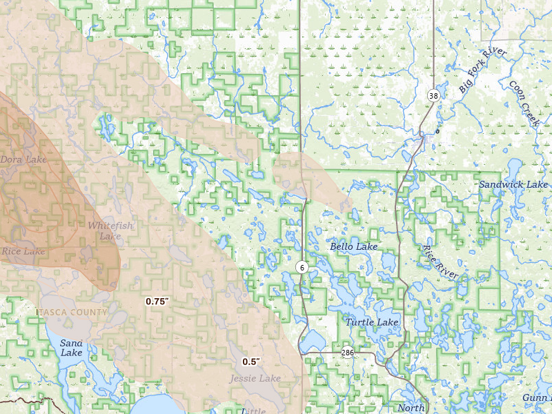 Radar-estimated hail-size map of the storm over Bigfork, MN on Jul 24, 2026