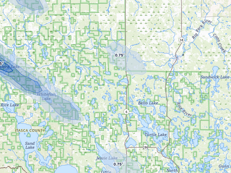 NEXRAD radar-signature map of the hail storm over Bigfork, MN on Jul 24, 2026
