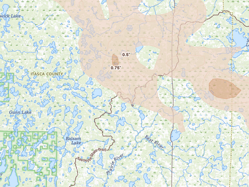 Radar-estimated hail-size map of the storm over Bigfork, MN on Jul 26, 2026