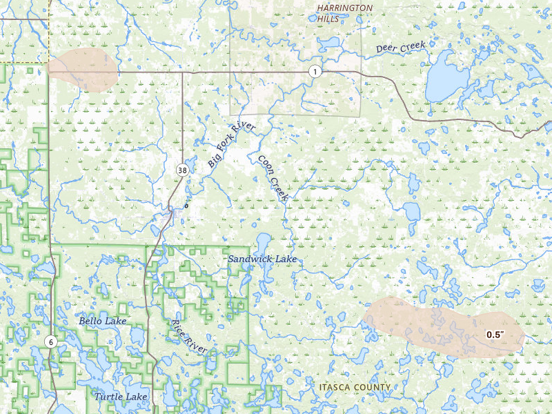 Radar-estimated hail-size map of the storm over Bigfork, MN on Aug 17, 2026