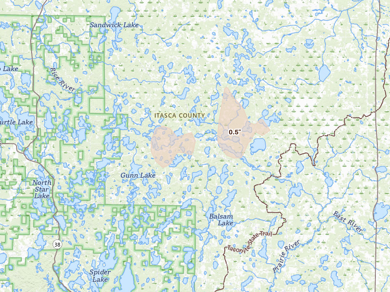 Radar-estimated hail-size map of the storm over Bigfork, MN on Aug 24, 2026
