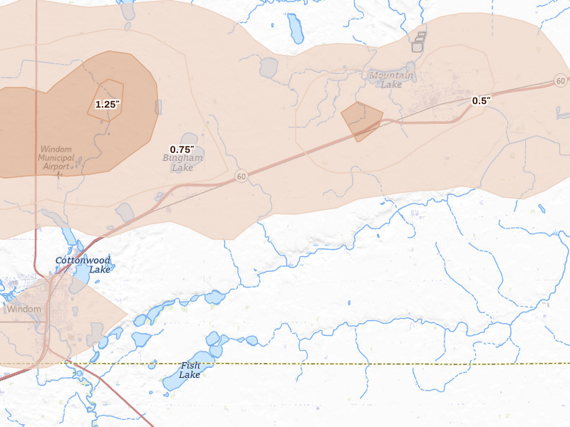 Radar-estimated hail-size map of the storm over Bingham Lake, MN on Apr 13, 2026