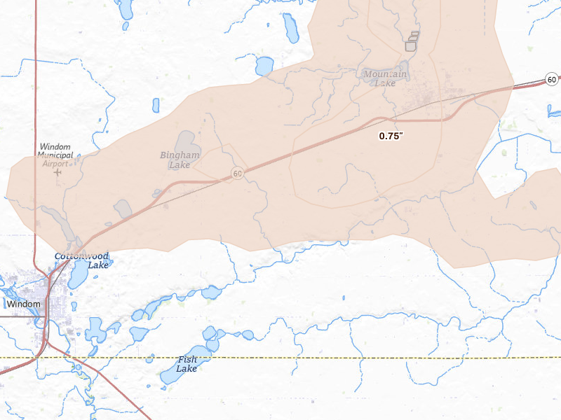 Radar-estimated hail-size map of the storm over Bingham Lake, MN on May 25, 2026