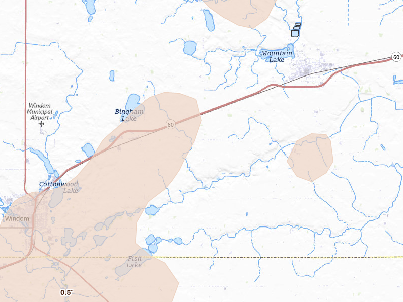 Radar-estimated hail-size map of the storm over Bingham Lake, MN on Jun 29, 2026