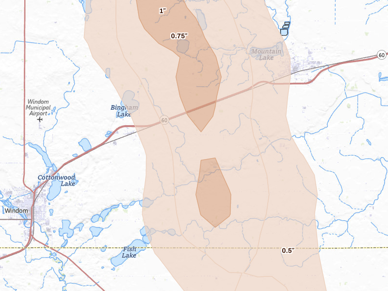 Radar-estimated hail-size map of the storm over Bingham Lake, MN on Jul 6, 2026