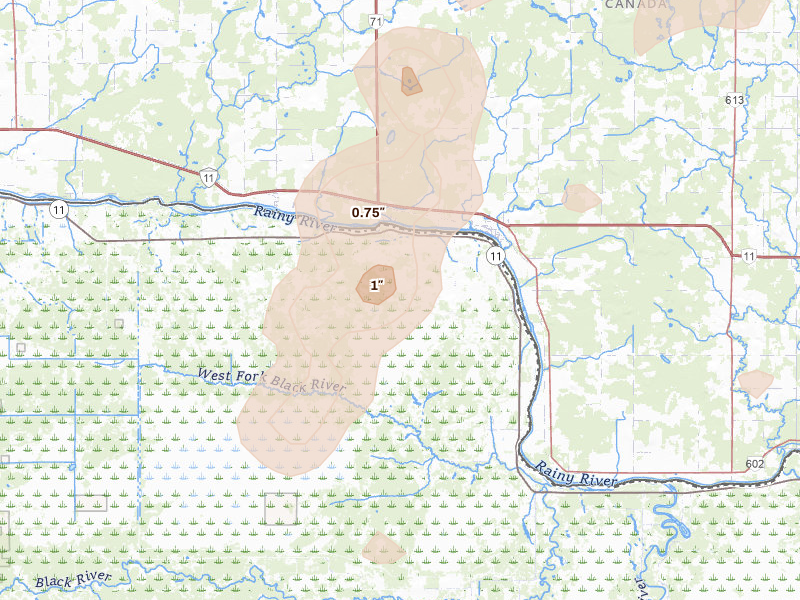 Radar-estimated hail-size map of the storm over Birchdale, MN on Jun 29, 2026