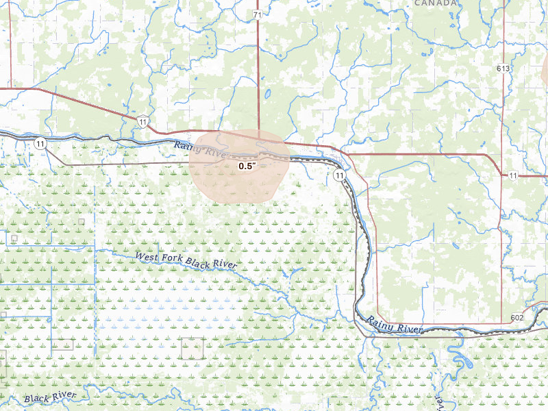 Radar-estimated hail-size map of the storm over Birchdale, MN on Jul 30, 2026