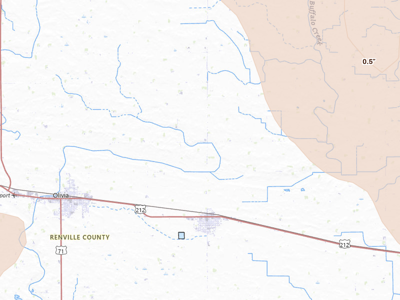 Radar-estimated hail-size map of the storm over Bird Island, MN on May 24, 2026