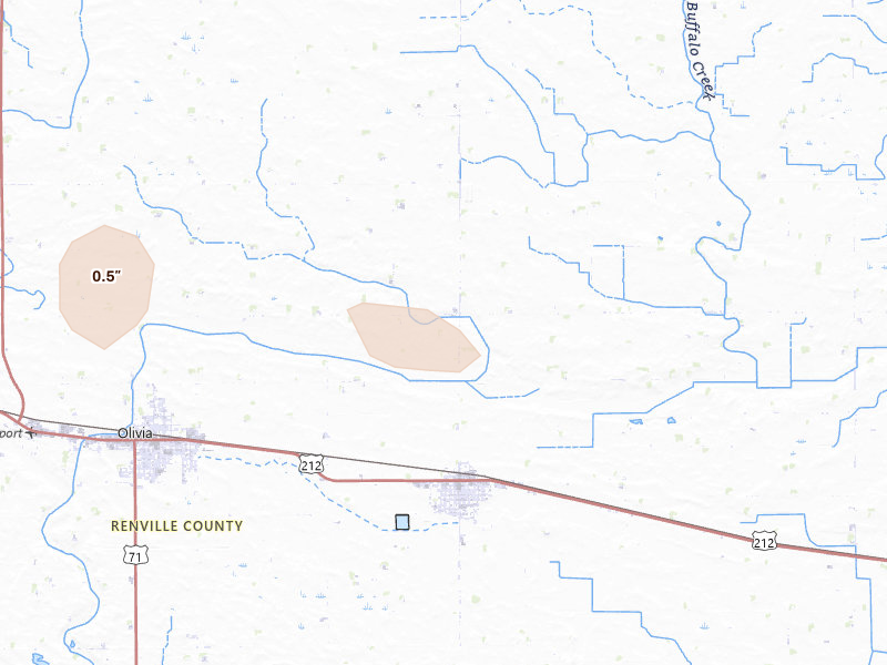 Radar-estimated hail-size map of the storm over Bird Island, MN on Jun 23, 2026