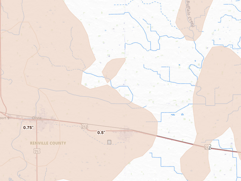 Radar-estimated hail-size map of the storm over Bird Island, MN on Aug 7, 2026